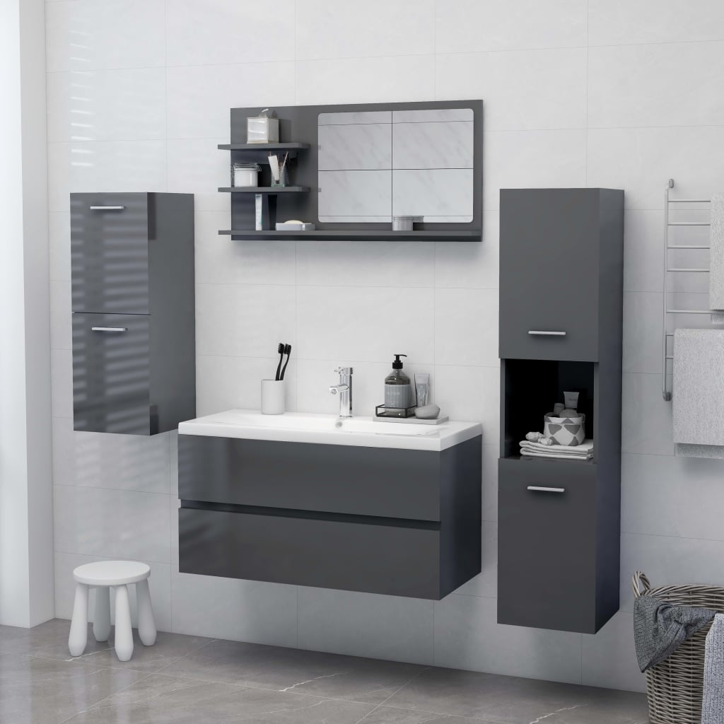 vidaXL Kúpeľňové zrkadlo, lesklé sivé 90x10,5x45 cm, kompozitné drevo