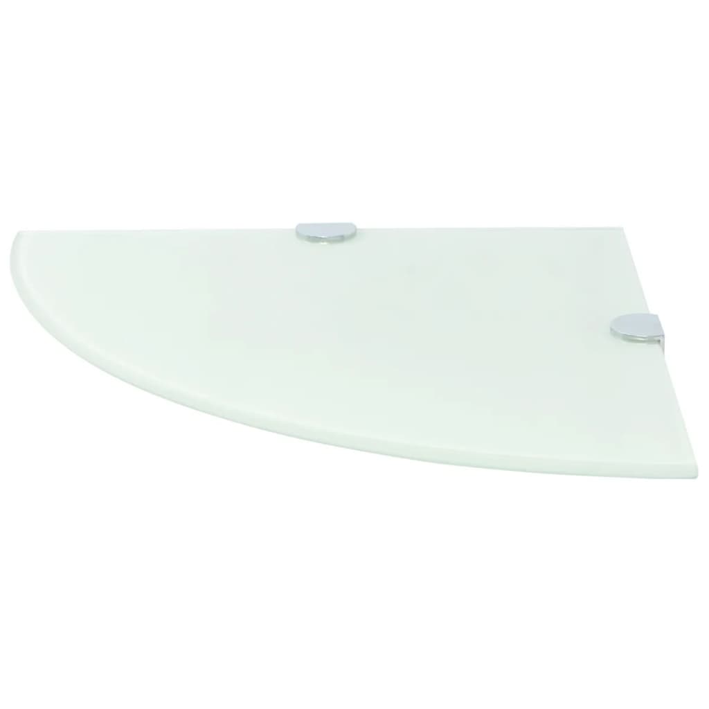 vidaXL Rohové poličky z bieleho skla s chrómovanými úchytkami 25x25 cm 2 ks