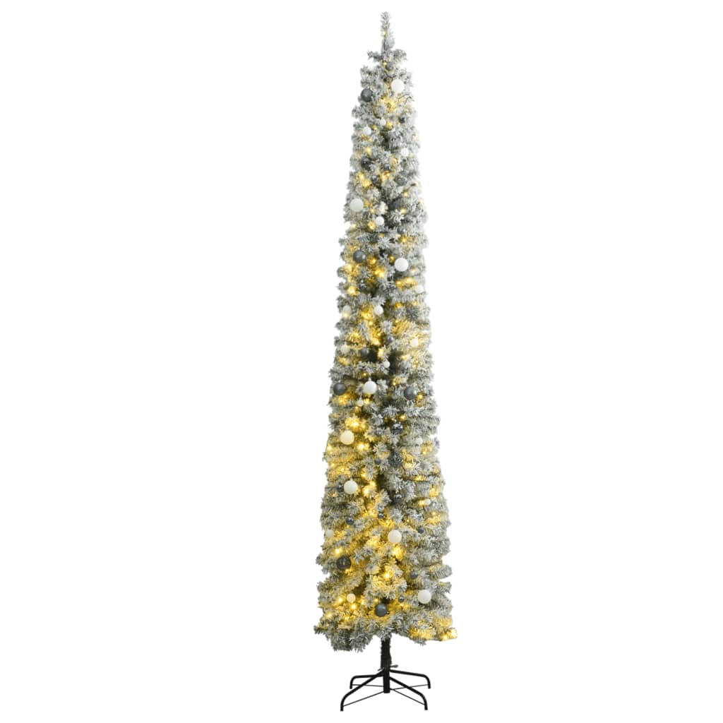 vidaXL Úzky vianočný stromček 300 LED, zasnežený s guľami 300 cm