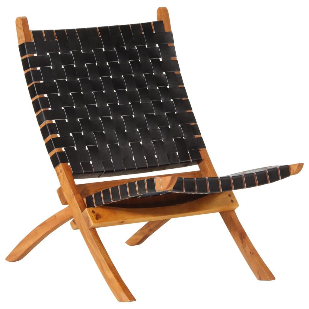 vidaXL Skladacia relaxačná stolička čierna pravá koža