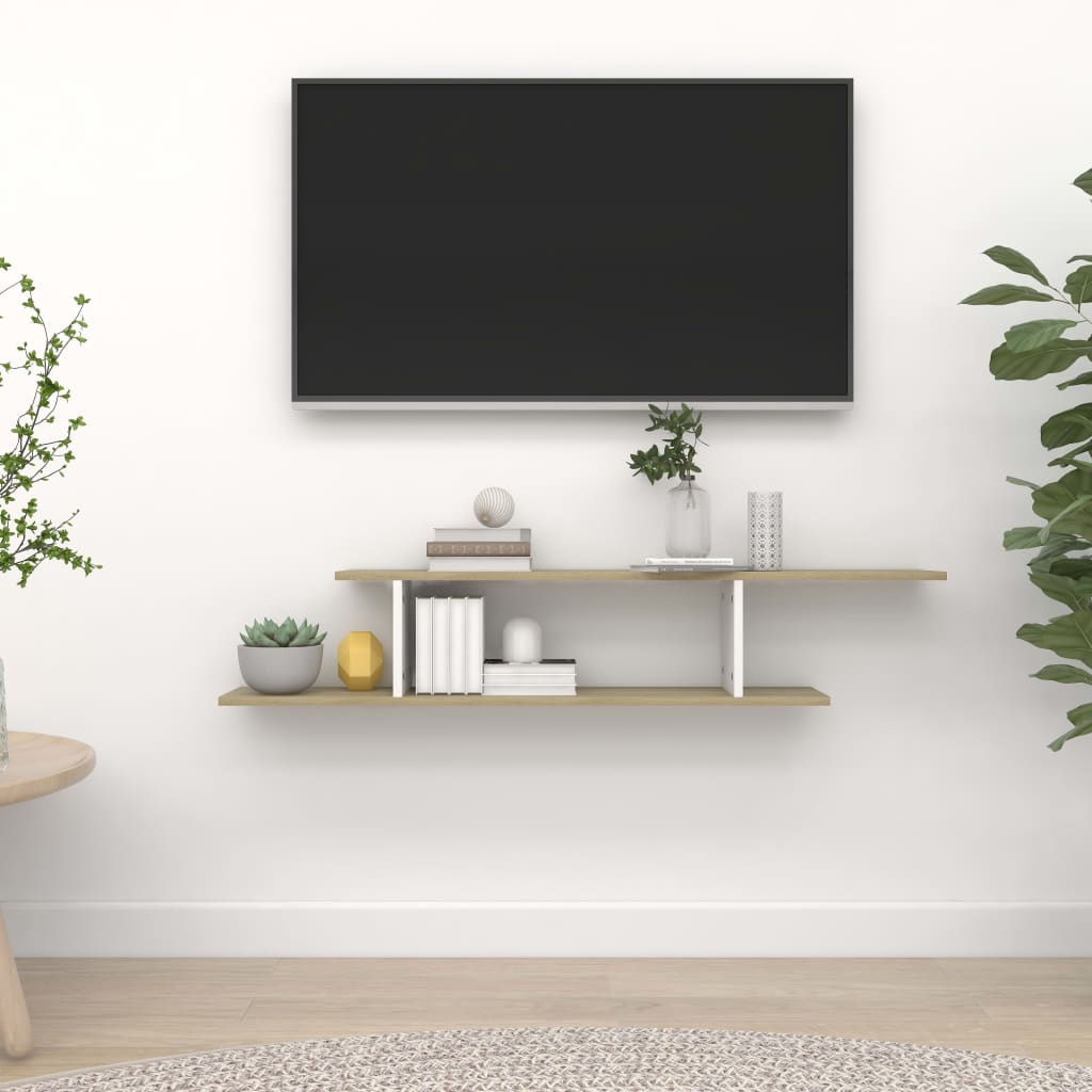 vidaXL Nástenná TV polica, biela+sonoma 125x18x23 cm, kompozitné drevo