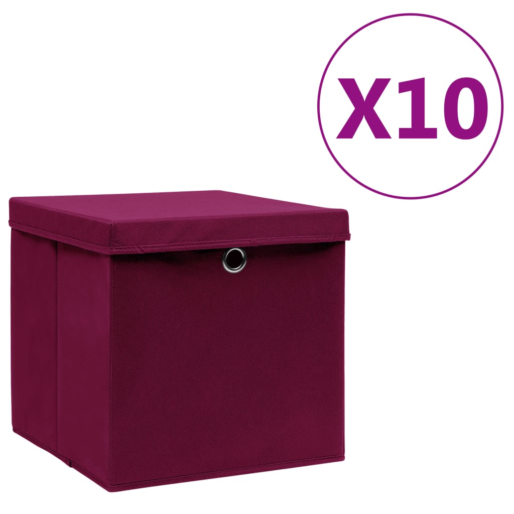 vidaXL Úložné boxy s vekom 10 ks, 28x28x28 cm, tmavočervené