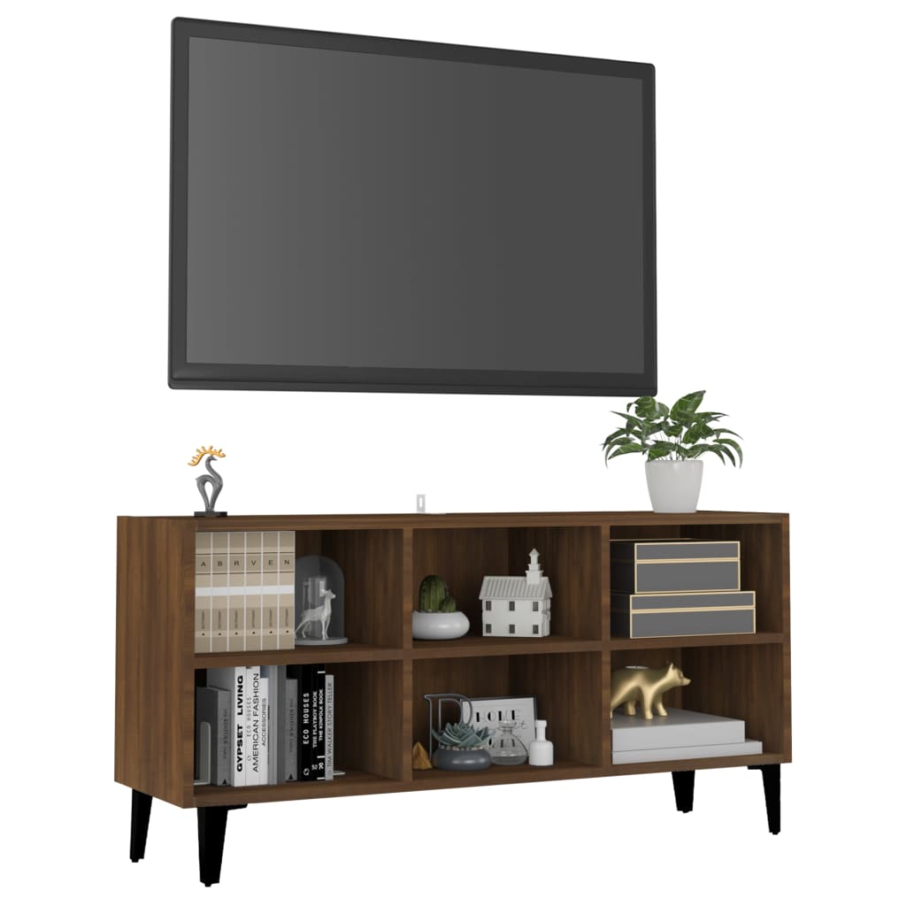 vidaXL TV stolík s nohami z kovu hnedý dub 103,5x30x50 cm