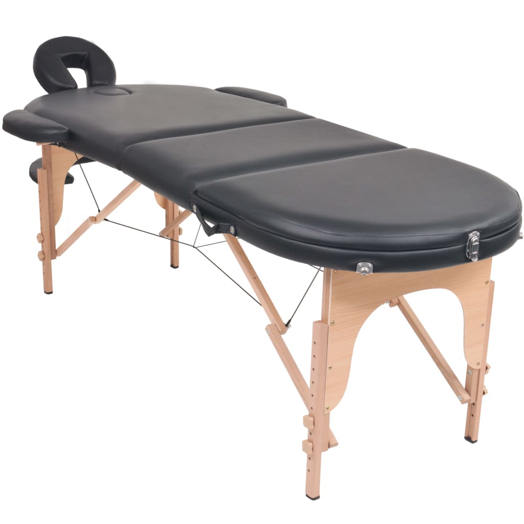 vidaXL Skladací masážny stôl, 4 cm hrubý, 2 podhlavnky, oválny, čierny