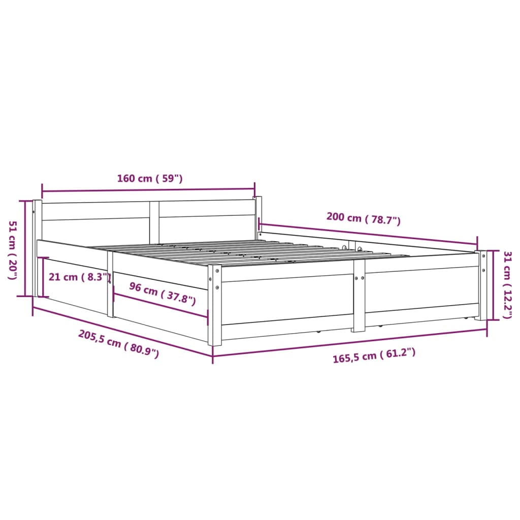 vidaXL Posteľný rám so zásuvkami sivý 160x200 cm