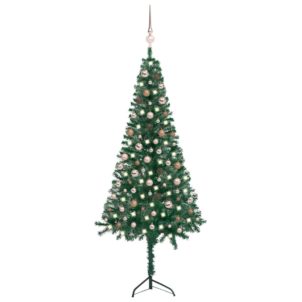 vidaXL Rohový umelý vianočný stromček s LED a guľami zelený 210 cm PVC