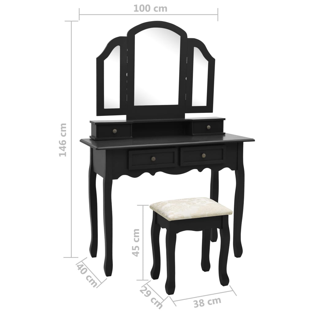 vidaXL Toaletný stolík so stoličkou čierny 100x40x146 cm drevo paulovnie