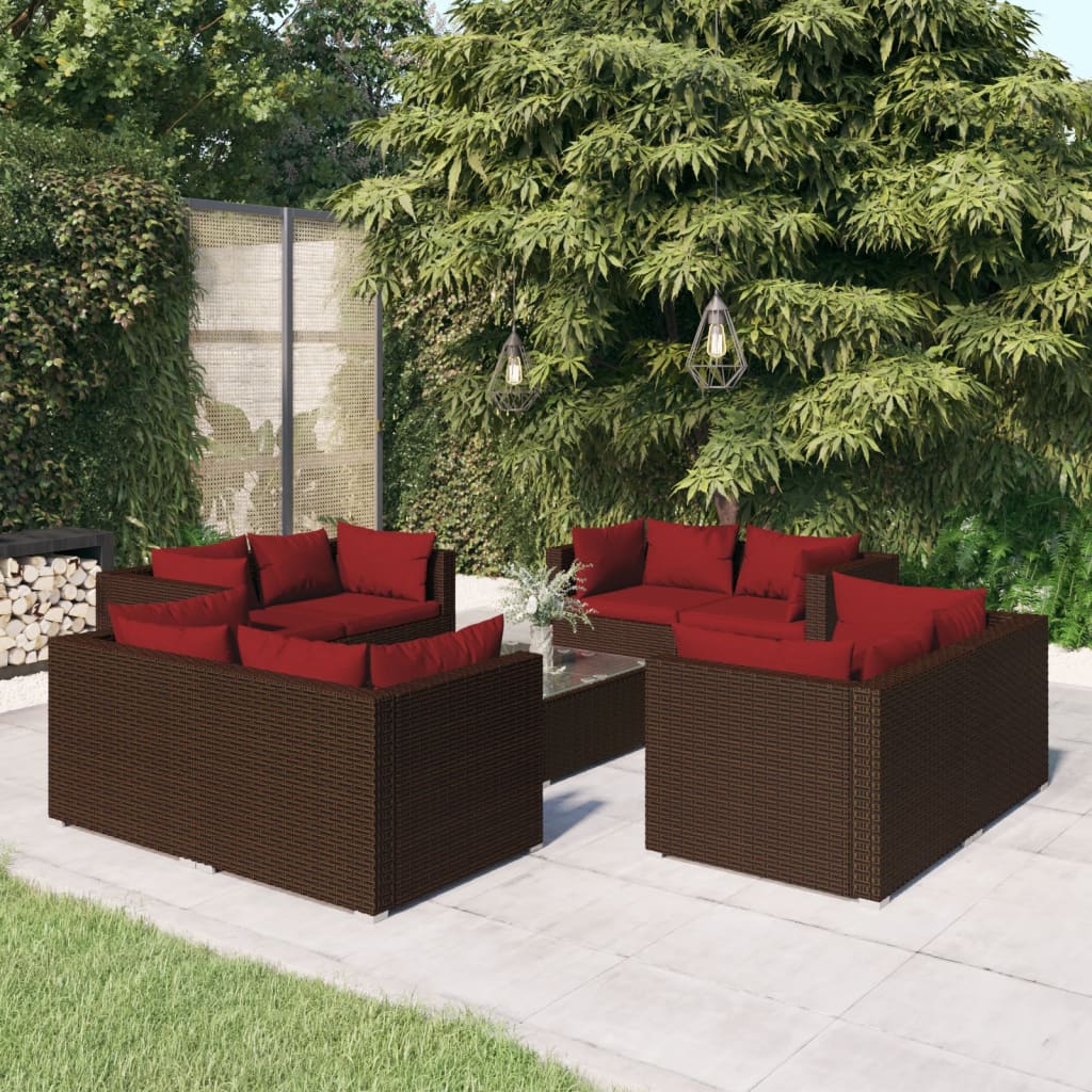 vidaXL 9-dielna záhradná sedacia súprava s vankúšmi polyratan hnedá