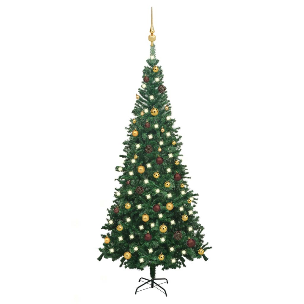 vidaXL Osvetlený umelý vianočný stromček s guľami L 240 cm, zelený