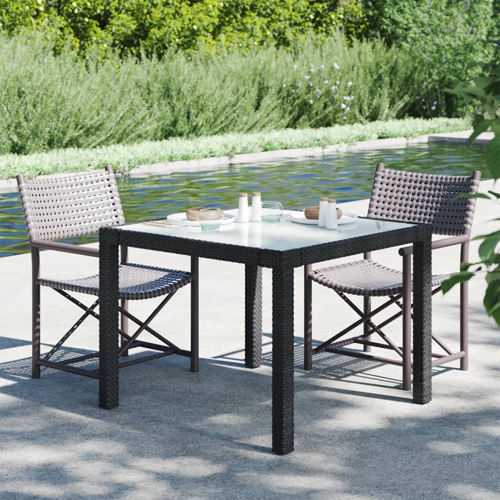 vidaXL Záhradný stôl 90x90x75 cm tvrdené sklo a polyratan čierny