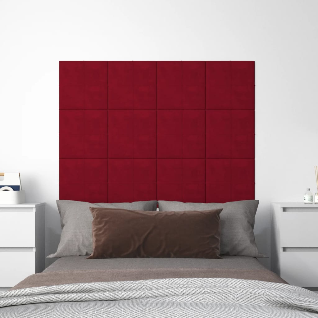 vidaXL Nástenné panely 12 ks vínovočervené 30x30 cm zamat 1,08 m²