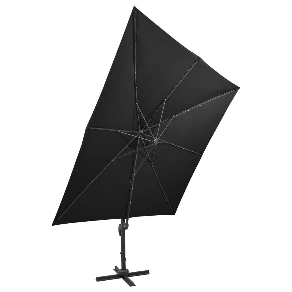 vidaXL Závesný slnečník s tyčou a LED svetlami čierny 300 cm