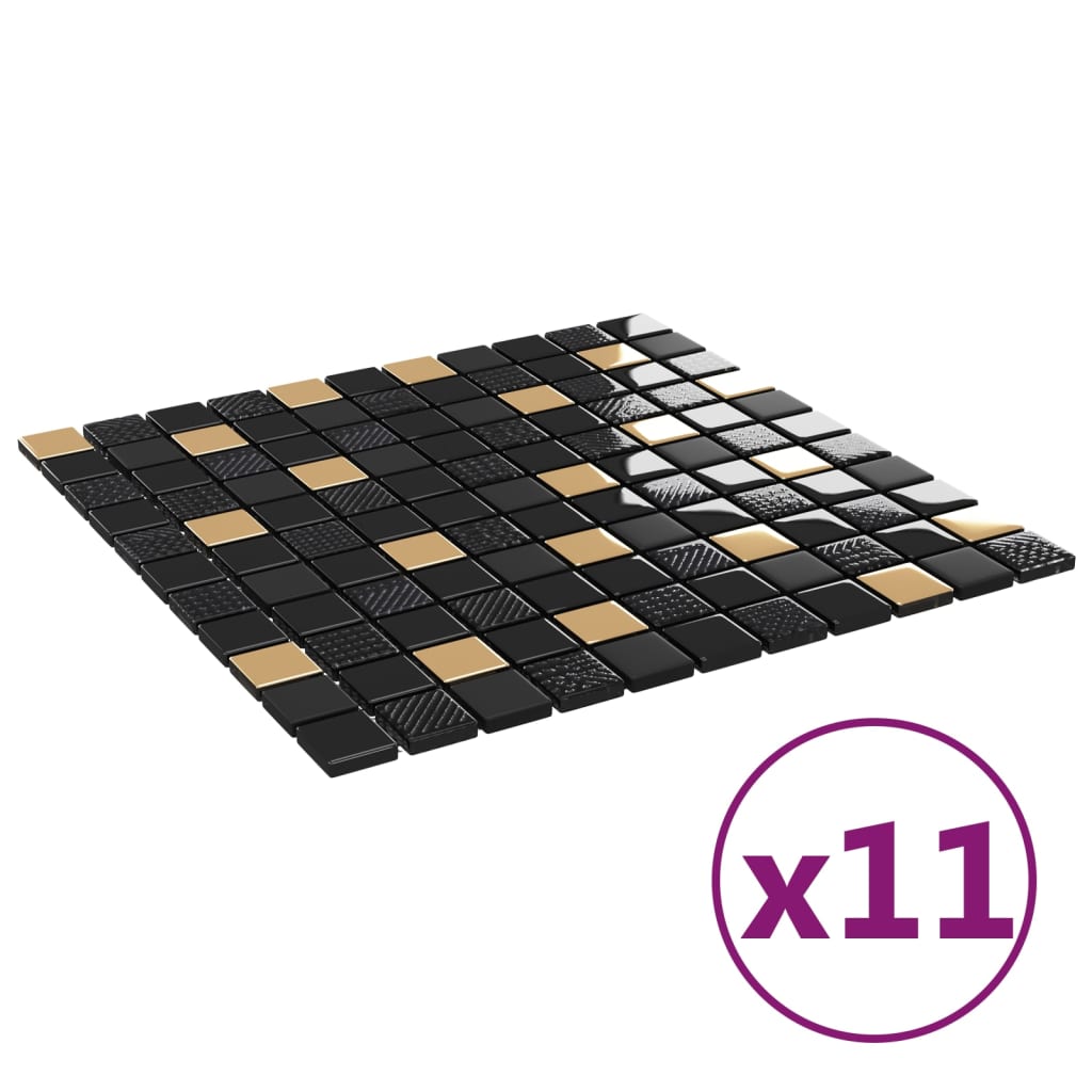 vidaXL Mozaikové dlaždice 11 ks, čierno zlaté 30x30 cm, sklo