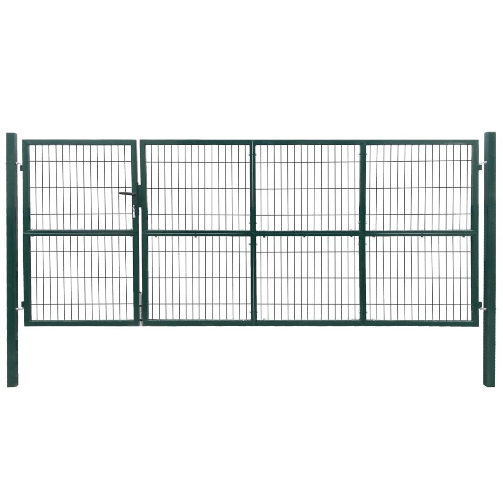 vidaXL Oceľová záhradná plotová brána so stĺpikmi 350x140 cm, zelená