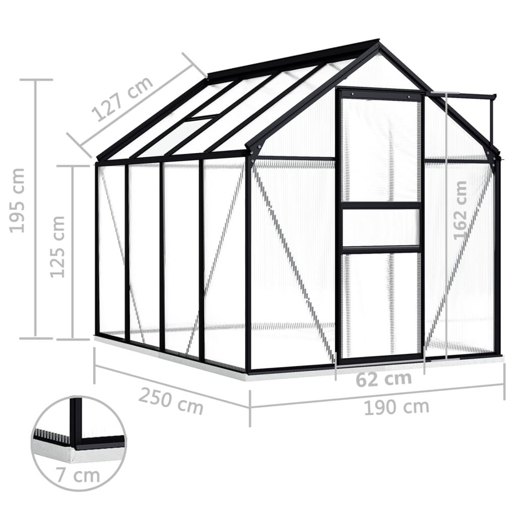 vidaXL Skleník s podkladovým rámom, antracitový, hliník 4,75 m²