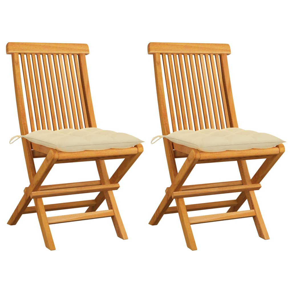 vidaXL Záhradné stoličky s krémovobielymi podložkami 2 ks teakový masív