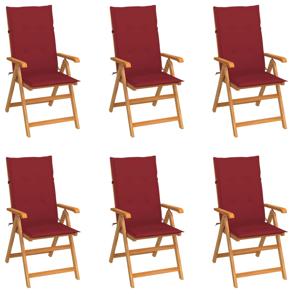 vidaXL Záhradné stoličky 6 ks, vínovo červené podložky, tíkový masív