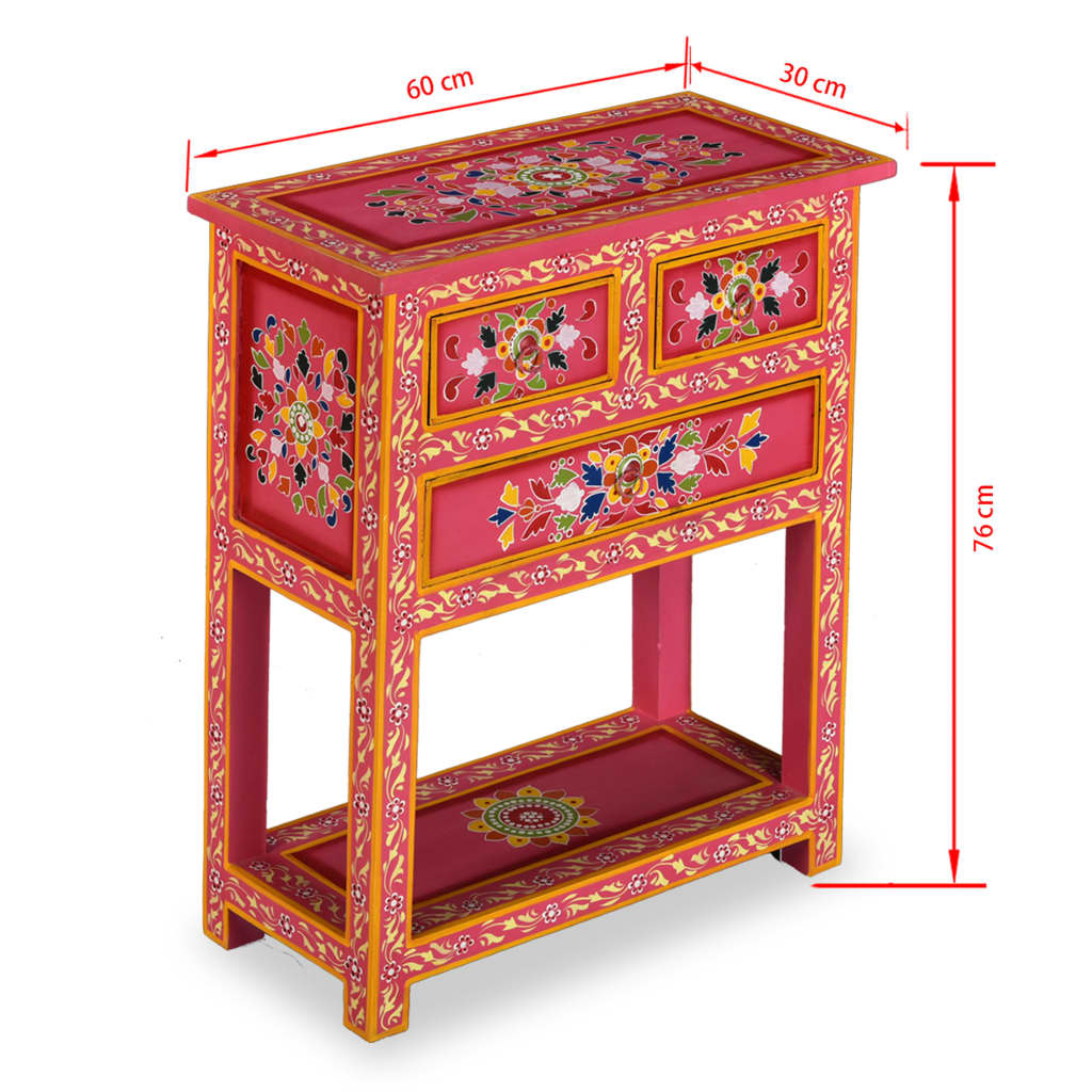 vidaXL Prístavný stolík z mangovníkového dreva so zásuvkami, ružový, ručne maľovaný