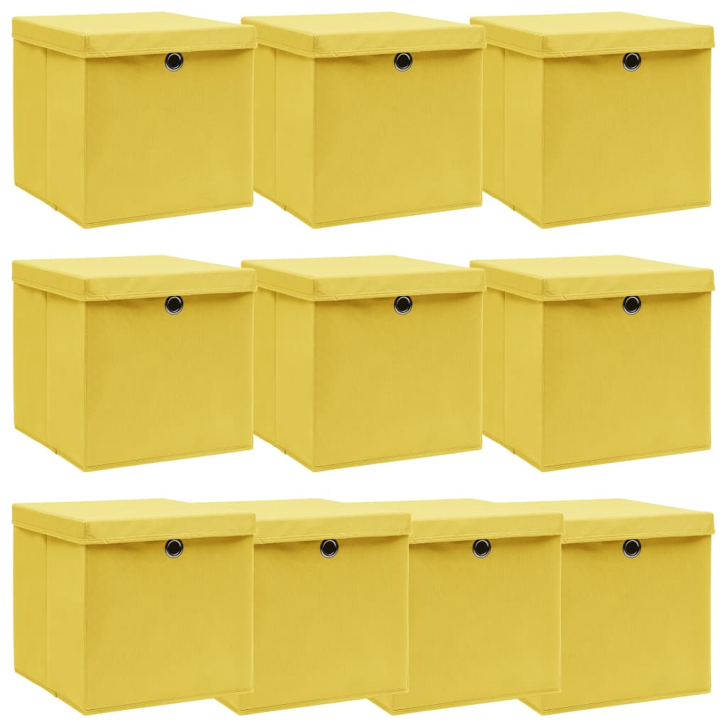 vidaXL Úložné boxy s vekom 10 ks, žlté 32x32x32 cm, látka