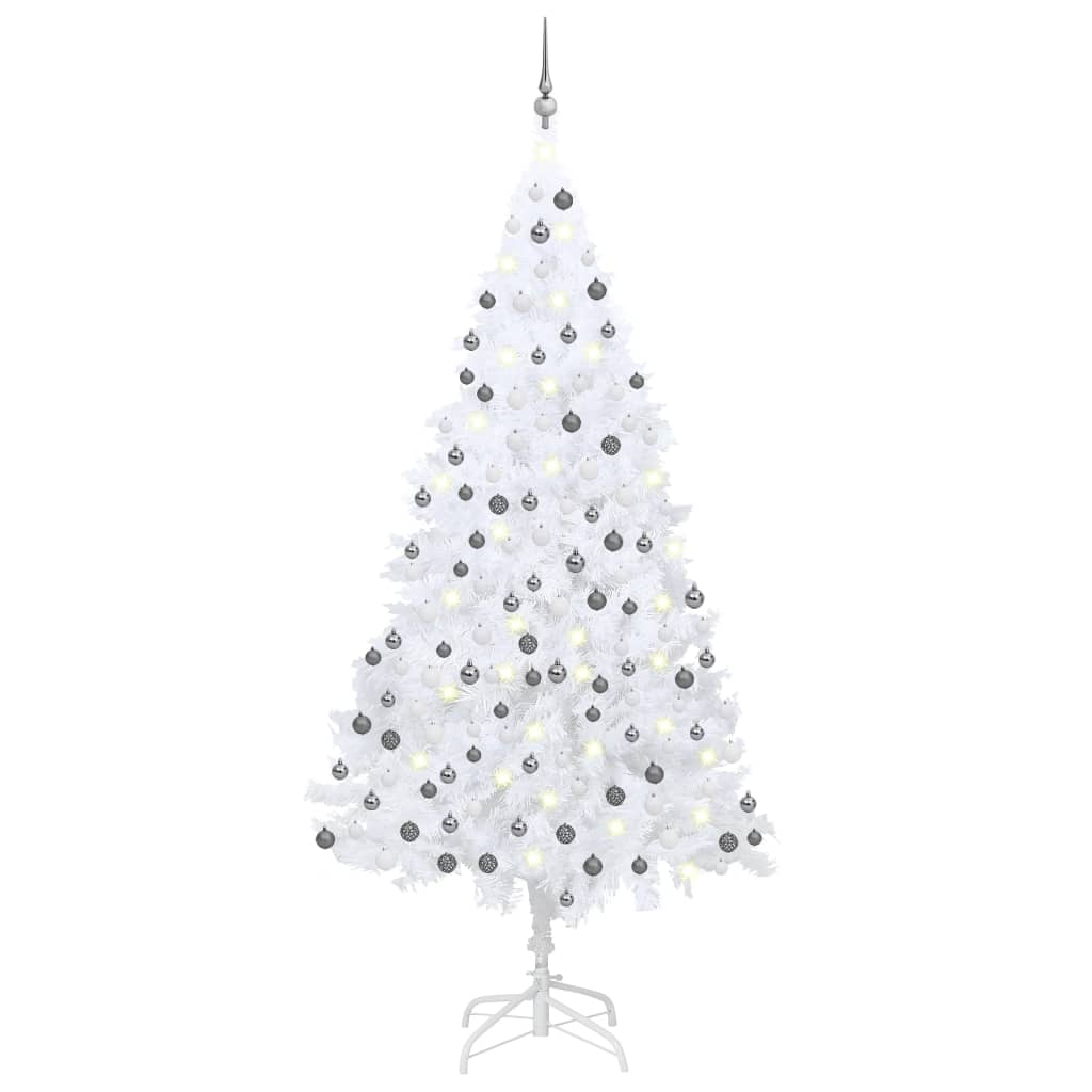vidaXL Osvetlený umelý vianočný stromček s guľami, biely 240 cm