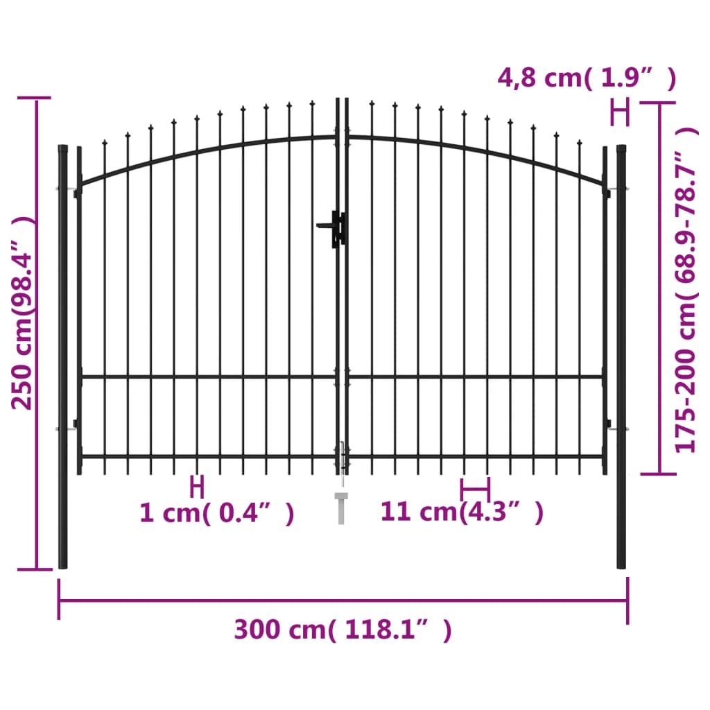vidaXL Dvojkrídlová plotová brána s hrotmi, oceľ 3x2 m, čierna