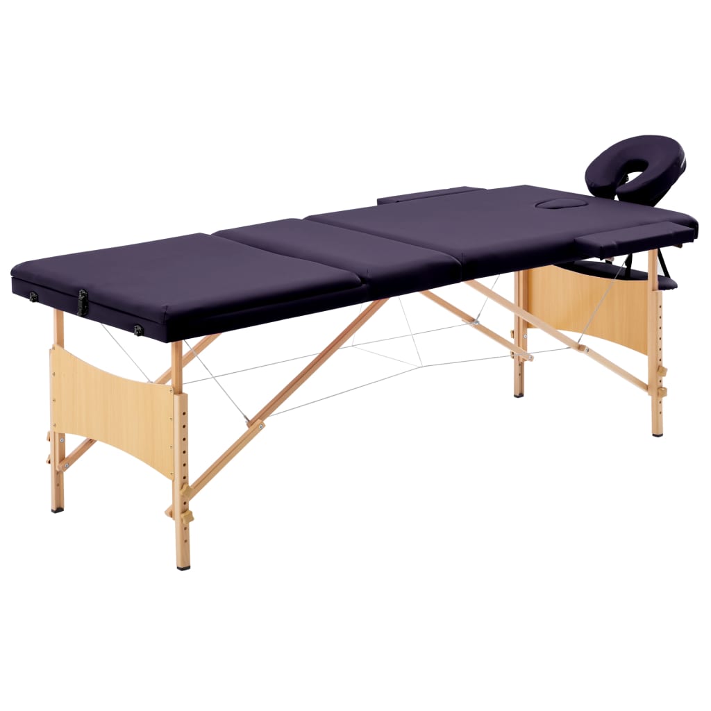 vidaXL Skladací masážny stôl, 3 zóny, drevo, fialový
