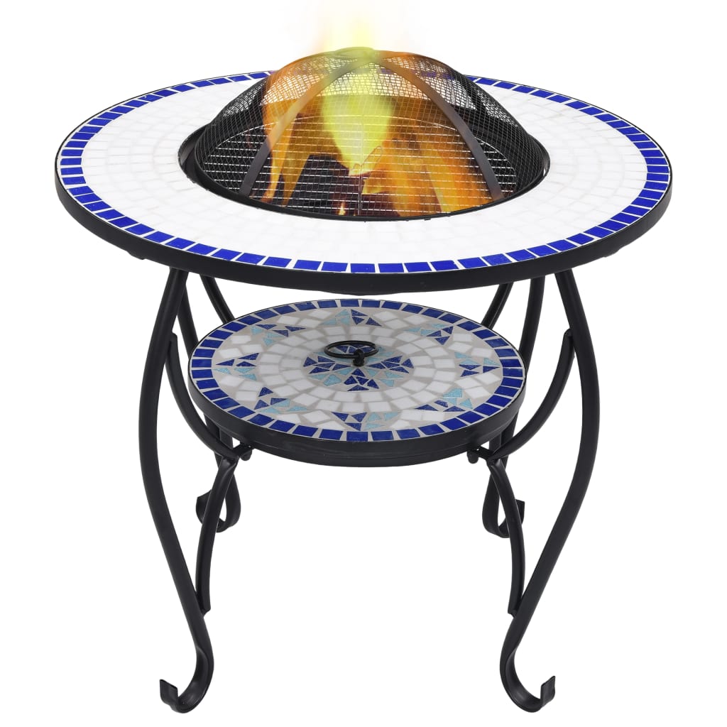 vidaXL Mozaikové ohnisko so stolom, modro biele 68 cm, keramika