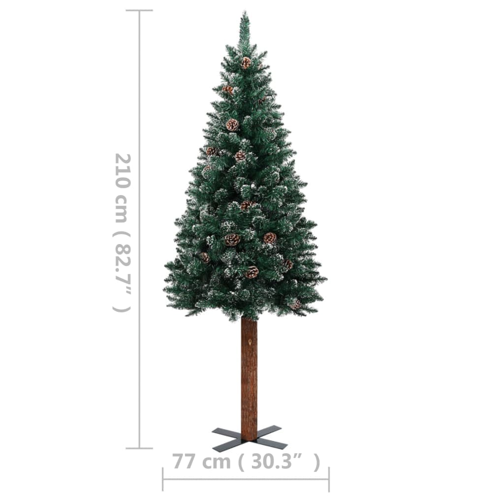 vidaXL Úzky osvetlený vianočný stromček pravé drevo+sneh, zelený 210cm