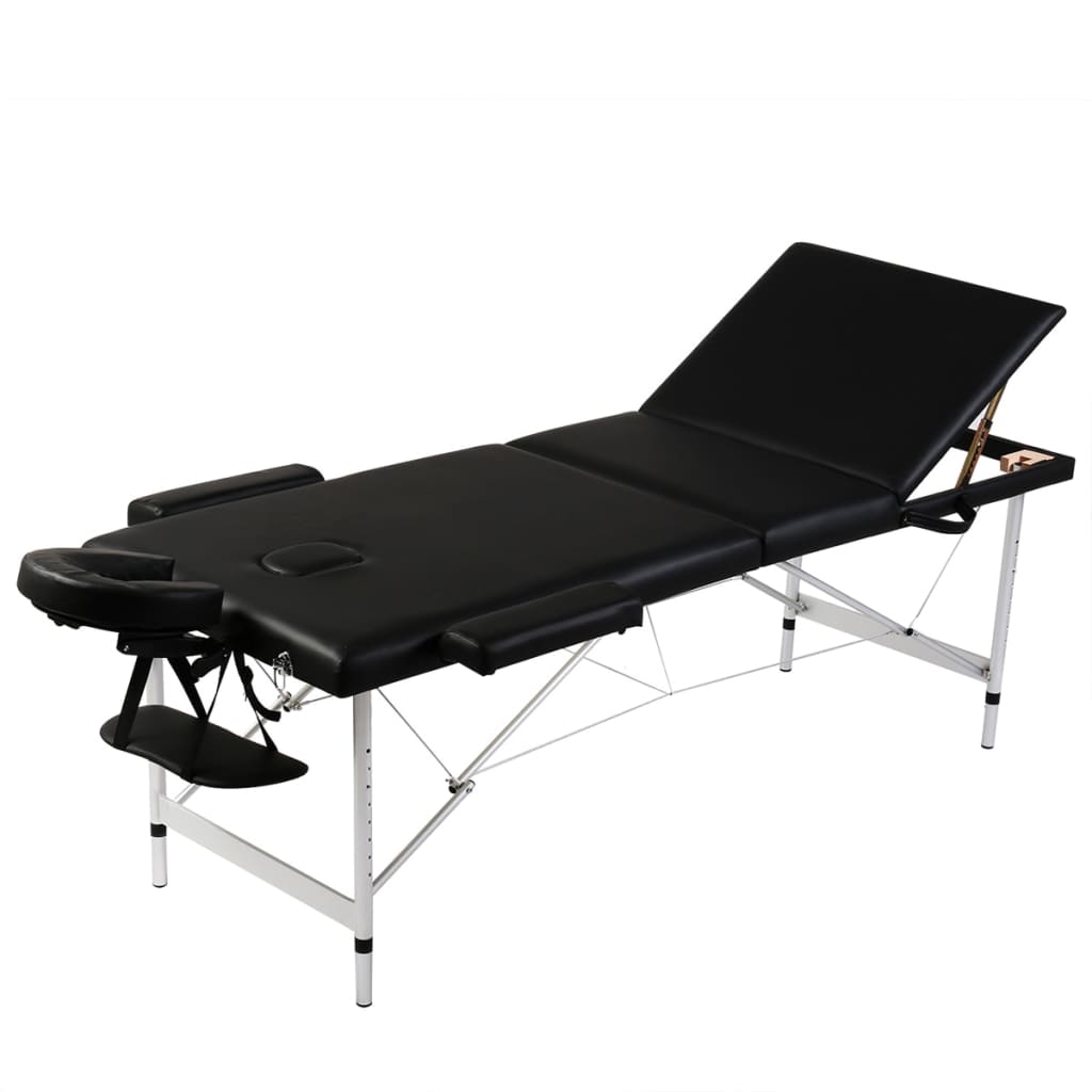 Čierny skladací masážny stôl s 3 zónami a hliníkovým rámom