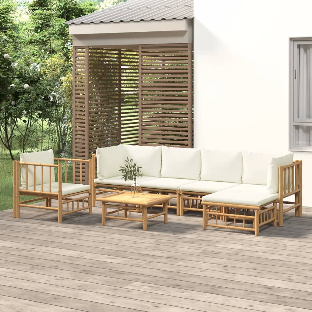 vidaXL 7-dielna záhradná sedacia súprava krémovobiele vankúše bambus