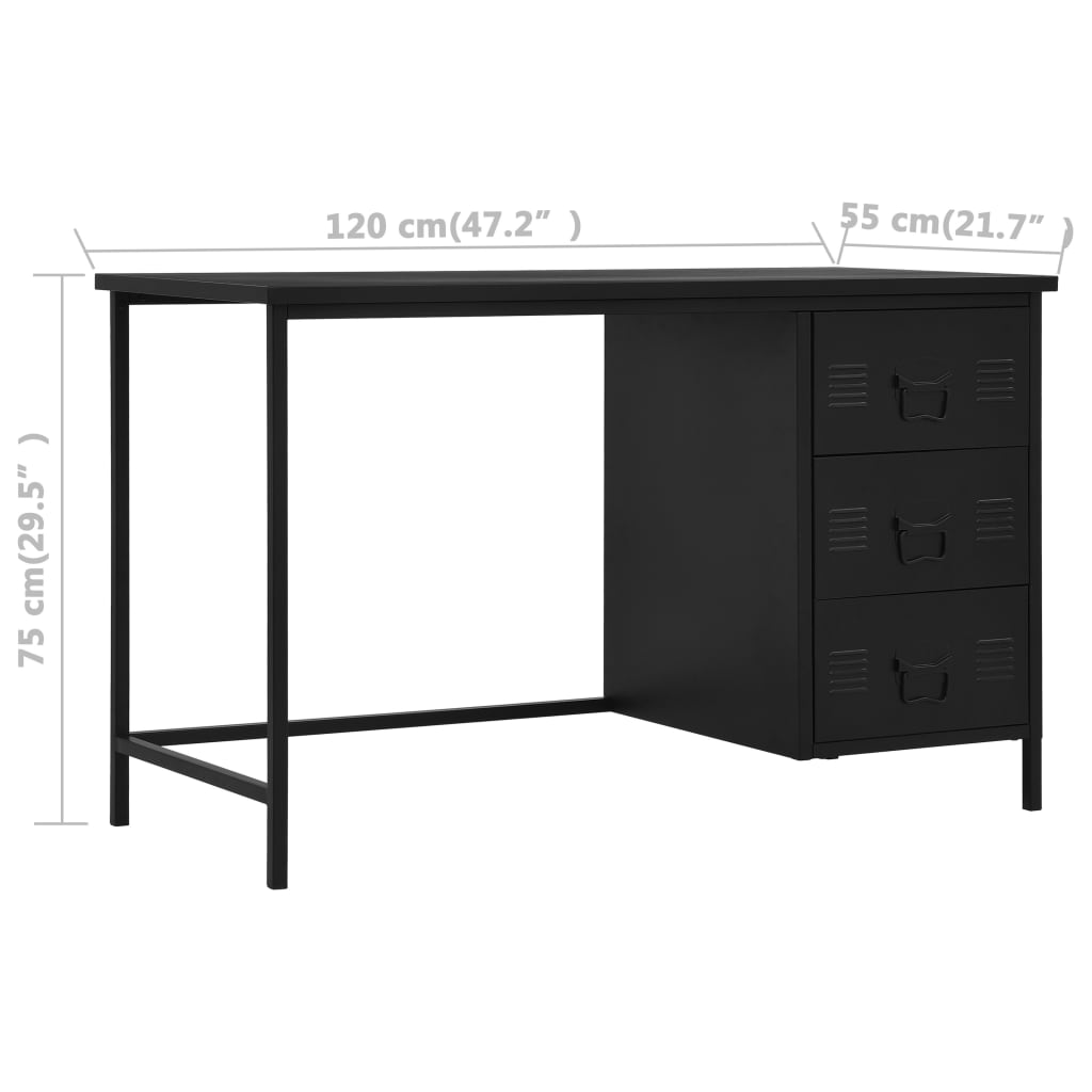 vidaXL Stôl so zásuvkami, industriálny, čierny 120x55x75 cm, oceľ