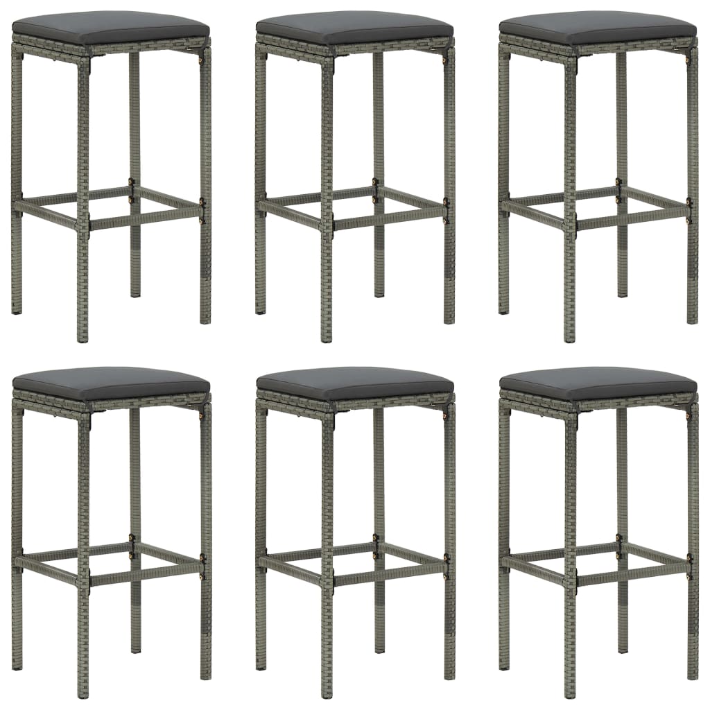 vidaXL Barové stoličky s vankúšmi 6 ks sivé polyratan