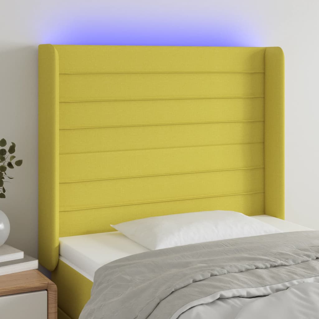 vidaXL Čelo postele s LED zelené 103x16x118/128 cm látka