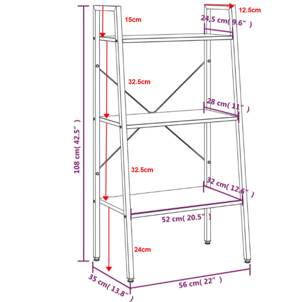 vidaXL 3-poschodová rebríková polica bledohnedá a čierna 56x35x108 cm
