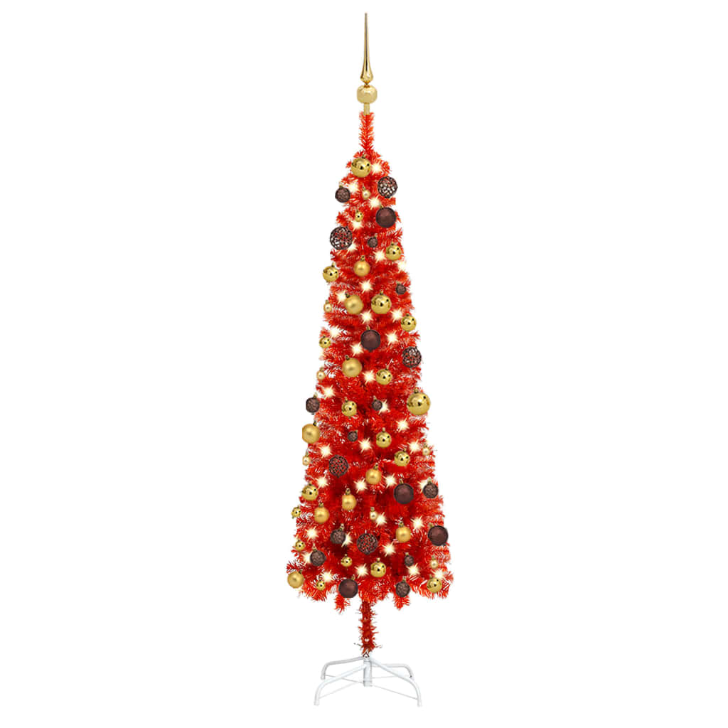 vidaXL Úzky osvetlený vianočný stromček s guľami, červený 150 cm