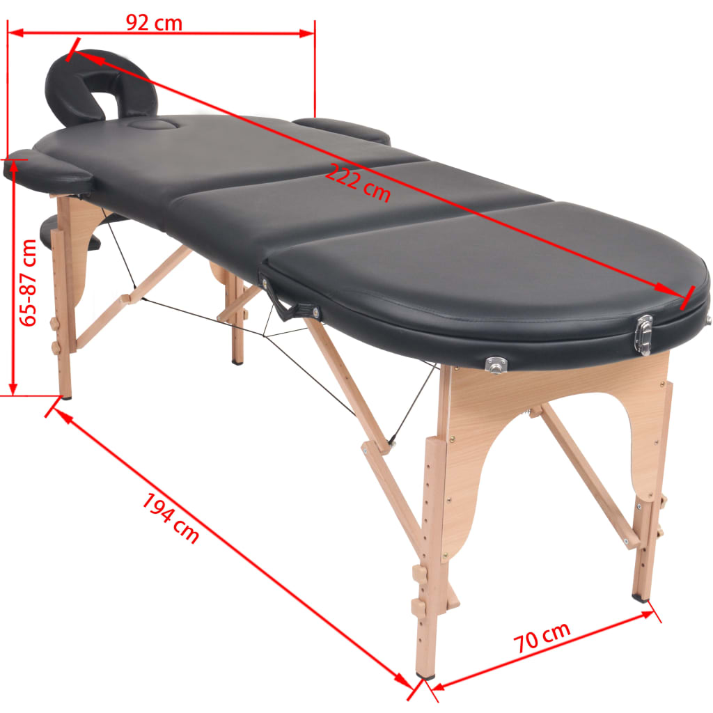 vidaXL Skladací masážny stôl, 4 cm hrubý, 2 podložky, oválny, čierny