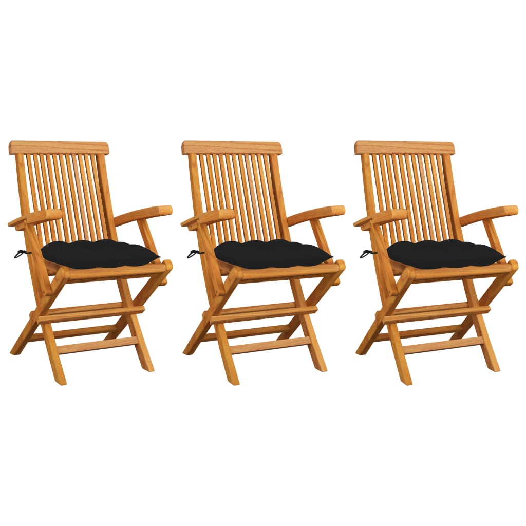 vidaXL Záhradné stoličky s čiernymi podložkami 3 ks tíkový masív