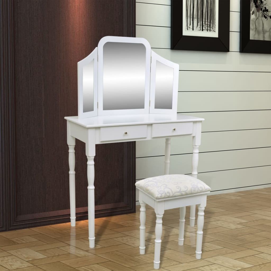 vidaXL Toaletný stolík so zrkadlom 3 v 1 a stoličkou, 2 zásuvky, biely