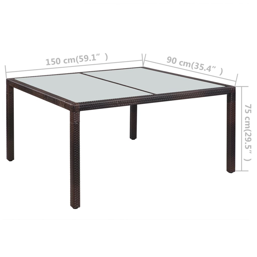 vidaXL Záhradný stôl 150x90x75 cm, hnedý, polyratan a sklo