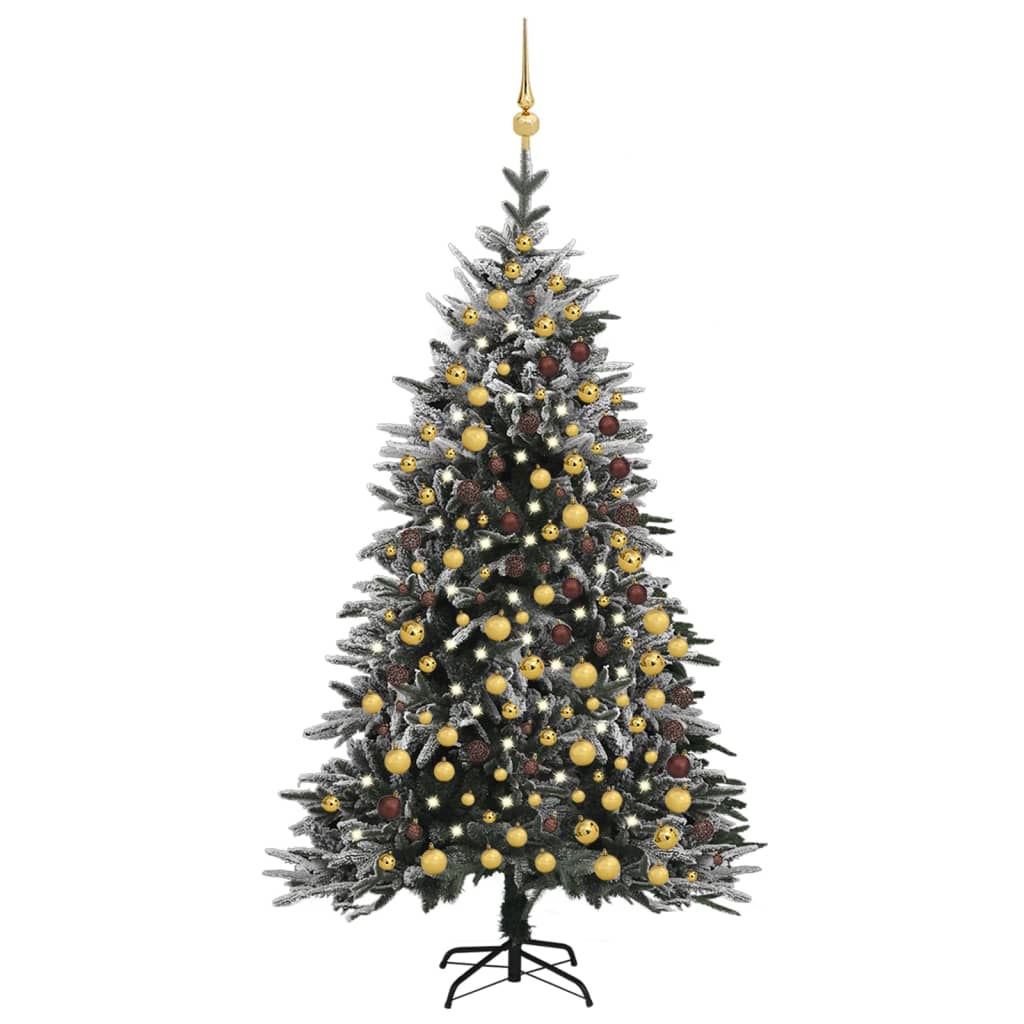 vidaXL Umelý vianočný stromček s LED, sadou gúľ a snehom 210cm PVC+PE