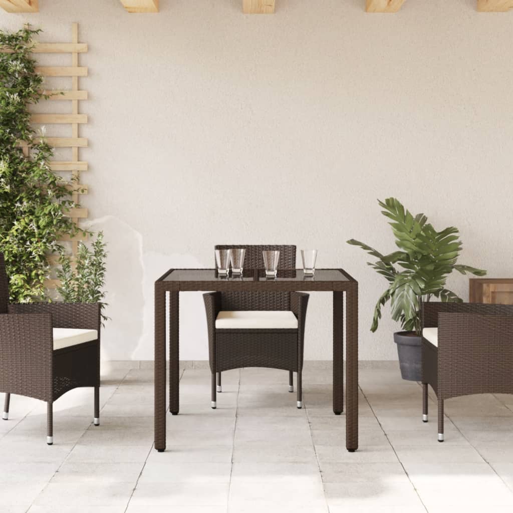 vidaXL Záhradný stôl so sklenenou doskou, hnedý 90x90x75 cm, polyratan