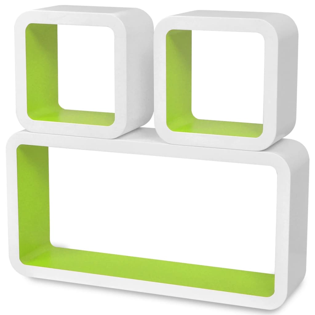 3 bielo-zelené plávajúce nástenné police z MDF v tvare kocky