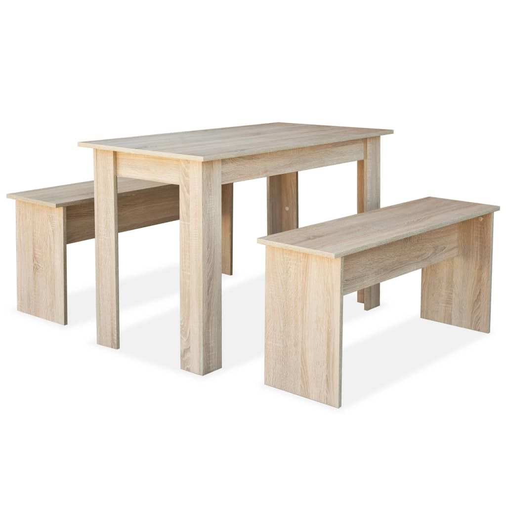 vidaXL Jedálenský stôl a lavičky z drevotriesky, 3 kusy, dubová farba