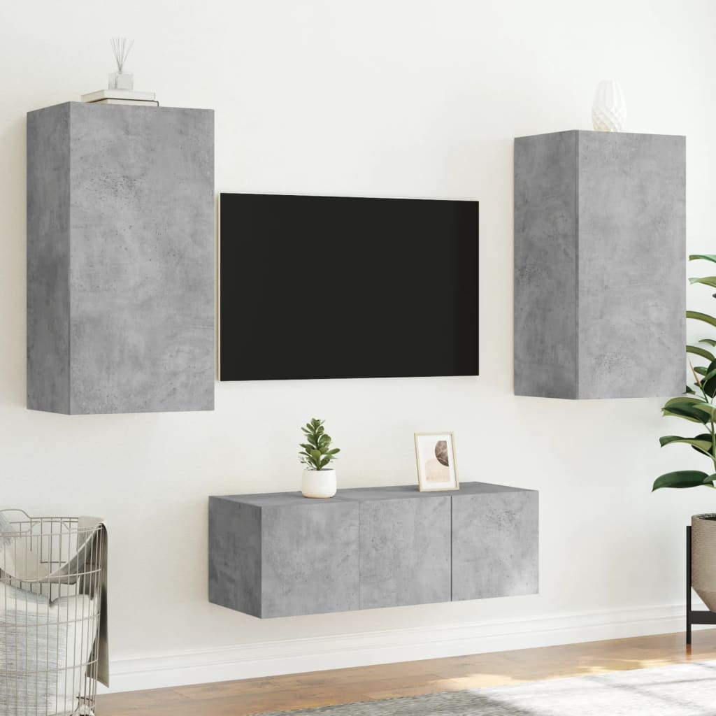 vidaXL 4-dielne TV nástenné skrinky s LED betónovo sivé kompozit.drevo