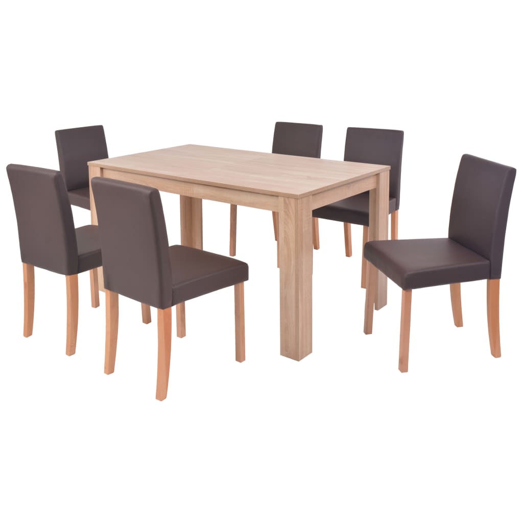 vidaXL Jedálenský stôl a stoličky, 7 ks, umelá koža a dubové drevo, hnedé