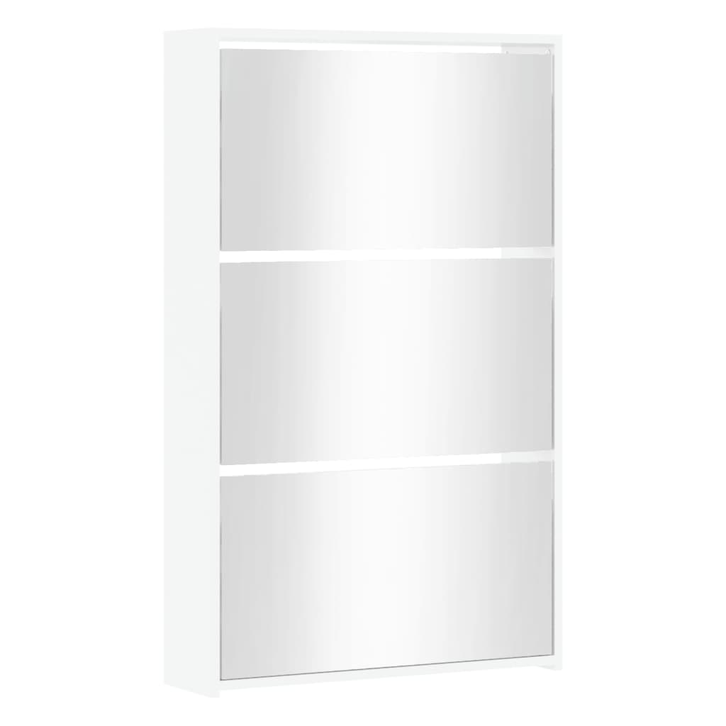vidaXL Botník so zrkadlom 3-poschodový lesklý biely 63x17x102,5cm
