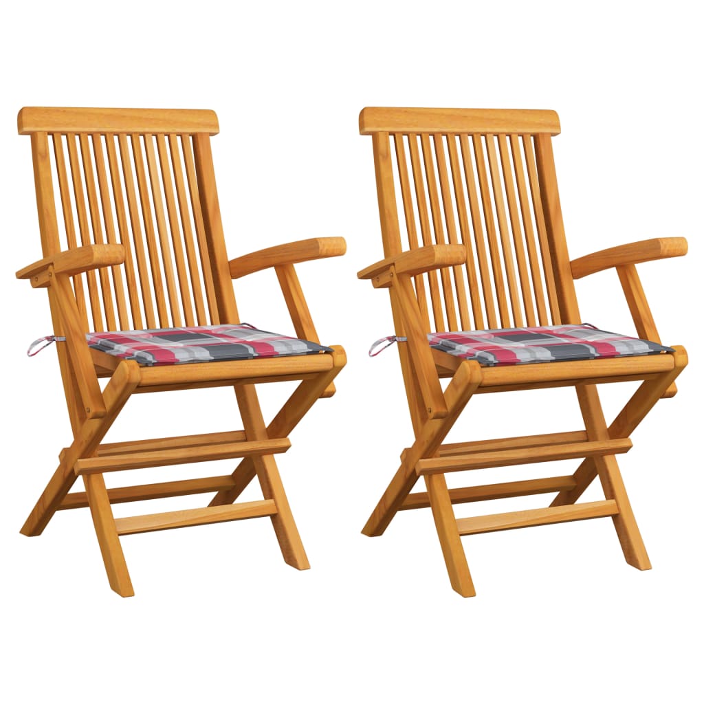 vidaXL Záhradné stoličky+sivé kockované podložky 2 ks, tíkový masív