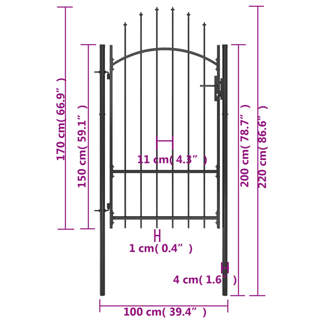 vidaXL Záhradná brána, oceľ 1x2,2 m, čierna