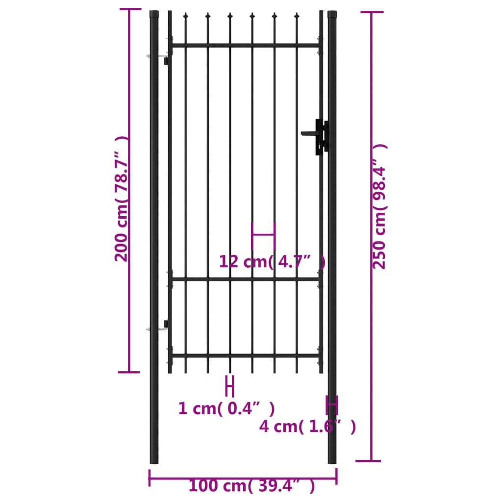 vidaXL Jednokrídlová plotová brána s hrotmi, oceľ 1x2 m, čierna