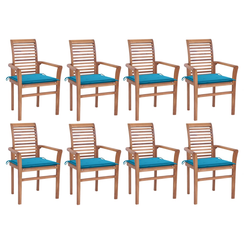 vidaXL Jedálenské stoličky 8 ks modré podložky tíkový masív